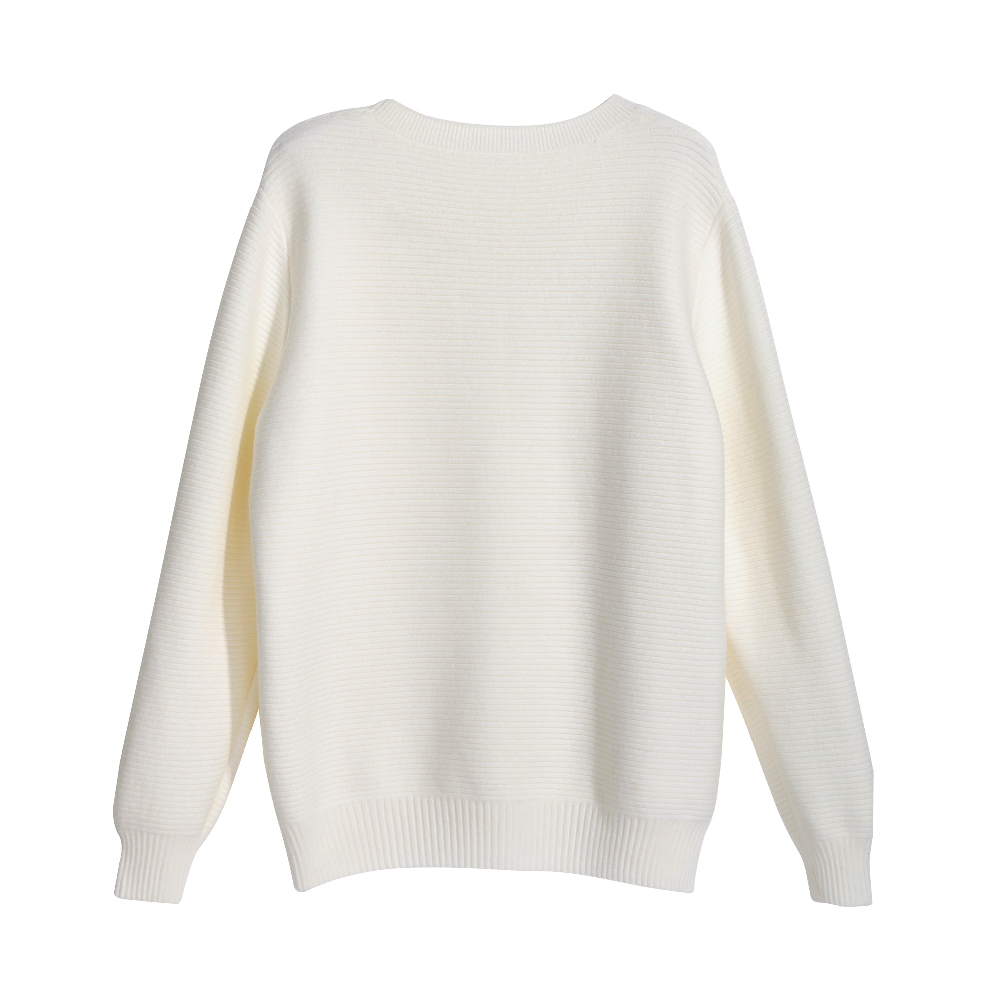 A plain white knitted sweater with long sleeves.