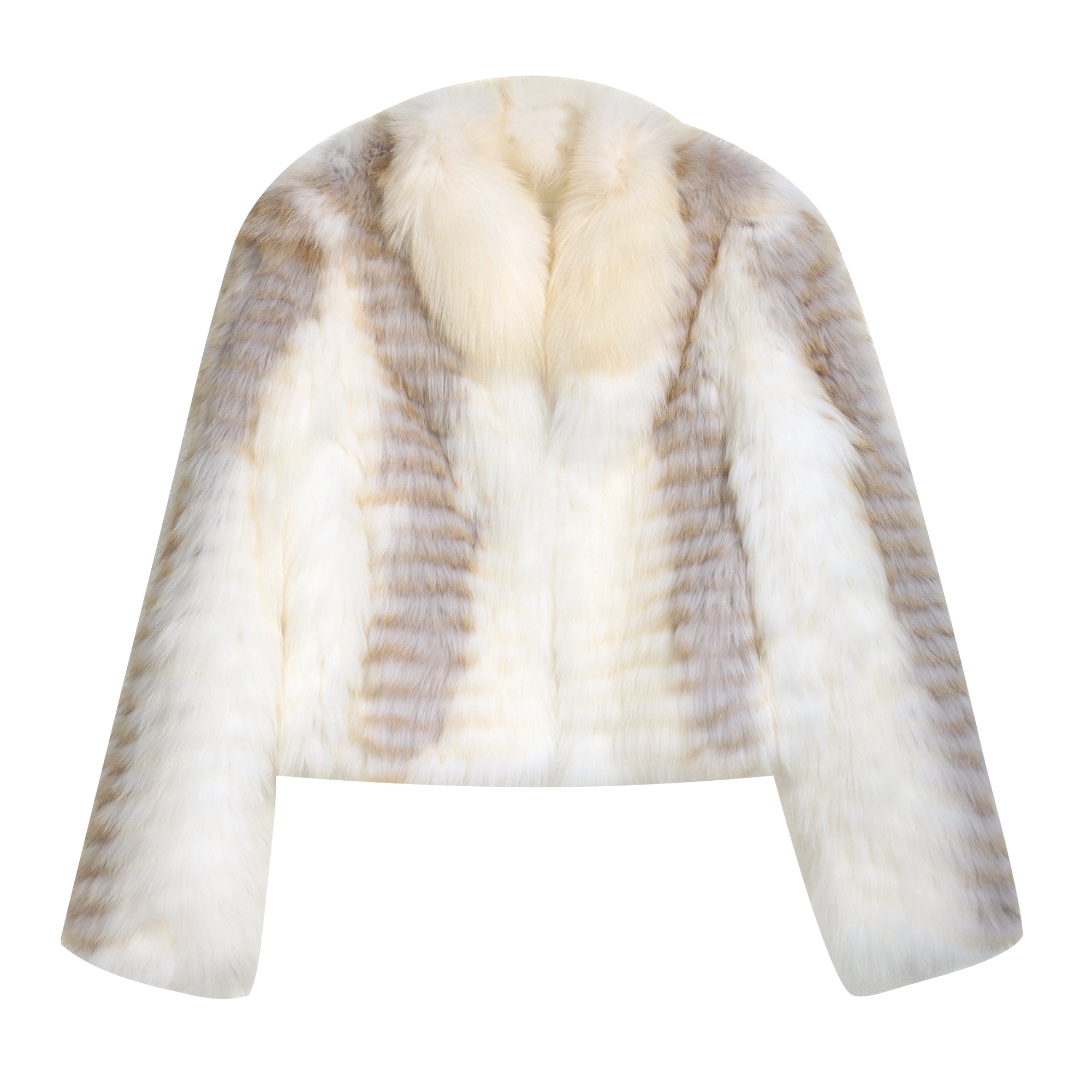 A white fur coat with a collar and fur trim.