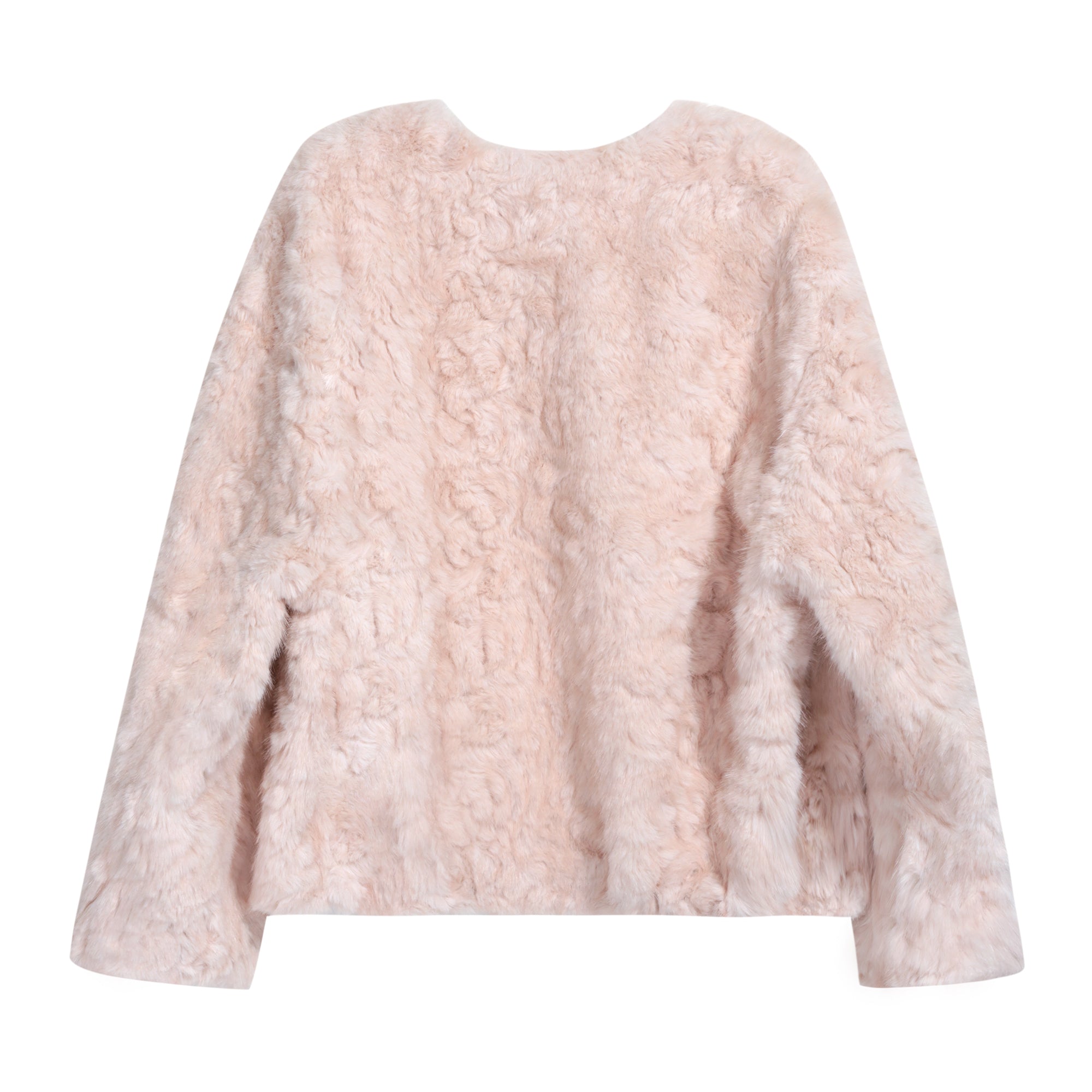 A long-sleeved, pink, furry jacket is shown against a white background.