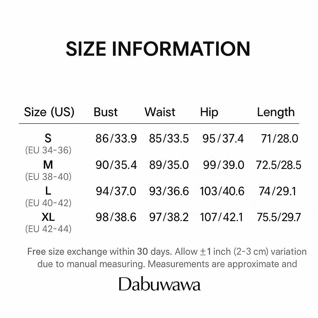a size information table for various clothing sizes, including bust, waist, hip, and length, in both US and European sizes. The table provides the corresponding measurements for different sizes, such as S, M, L, and XL, as well as the corresponding measurements in centimeters. The image also mentions a size exchange within 30 days and allows for a 1-inch (2-3 cm) variation due to manual measuring. The measurements are approximate and not to be relied upon for precise sizing.