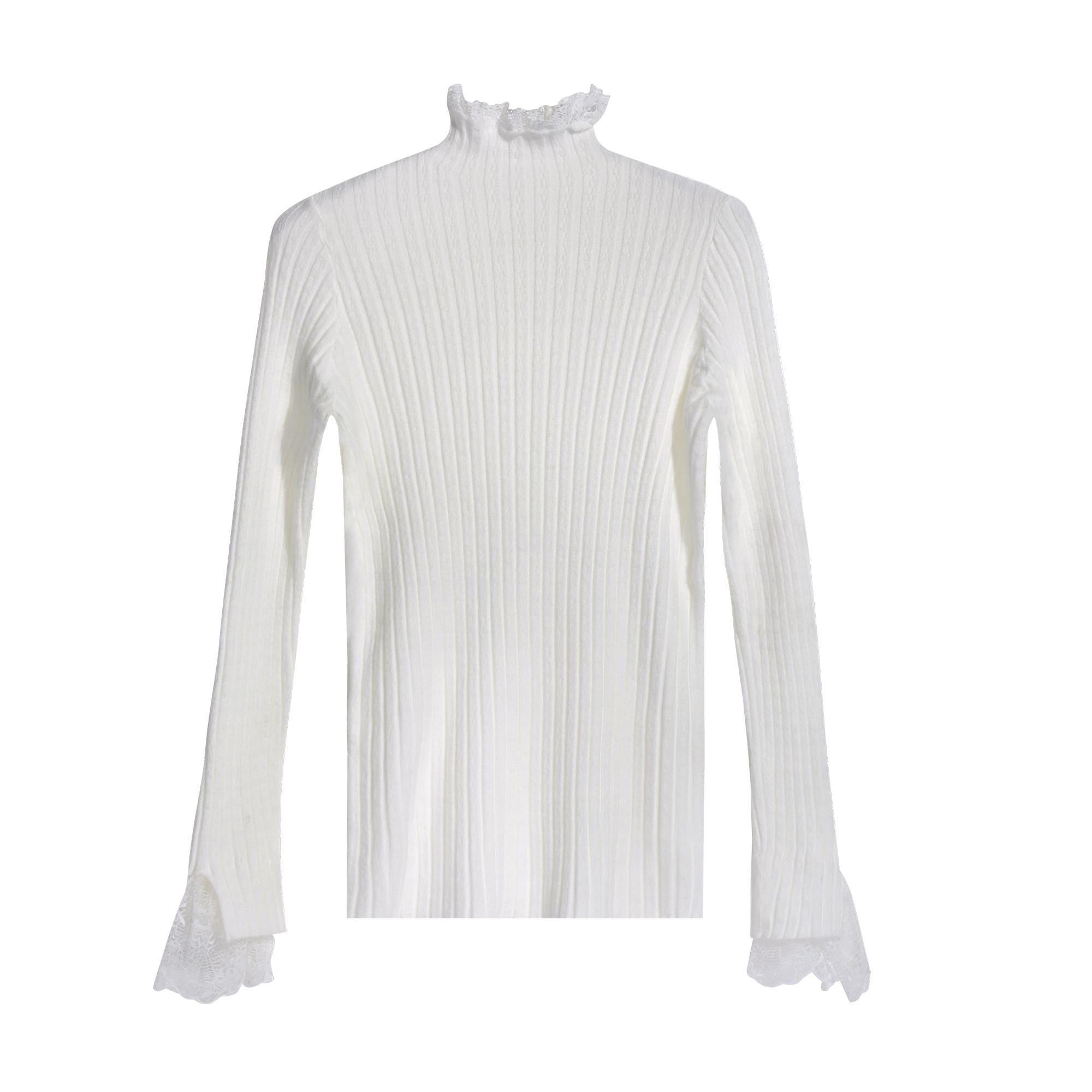 A white long-sleeved sweater with a ruffled collar and lace trim on the sleeves.