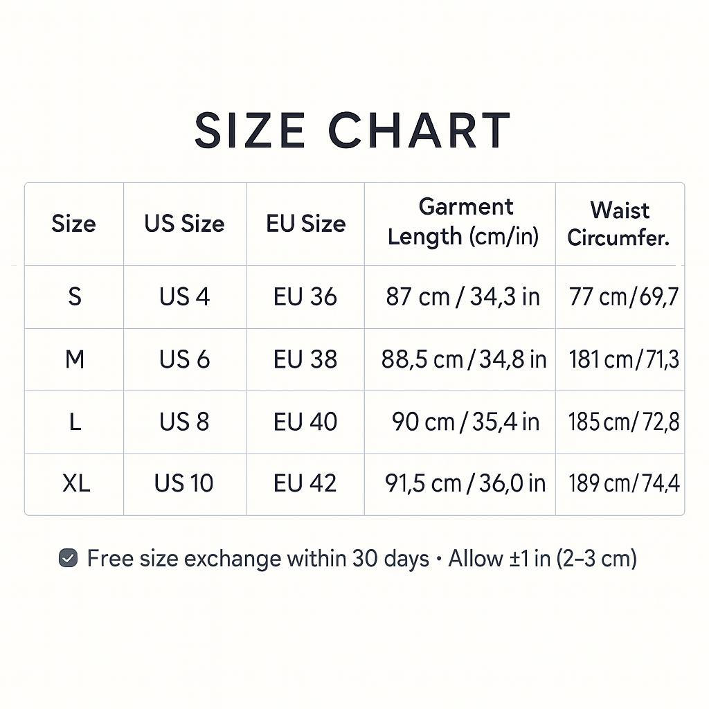 The image is a size chart that provides measurements for various sizes of women's clothing, including US and European sizes. The chart lists the sizes and corresponding measurements, such as waist circumference, waist size, and waist circumference. The chart also includes a note that allows for free size exchange within 30 days, but it specifies that the exchange must be within 1 to 2 cm in size.
