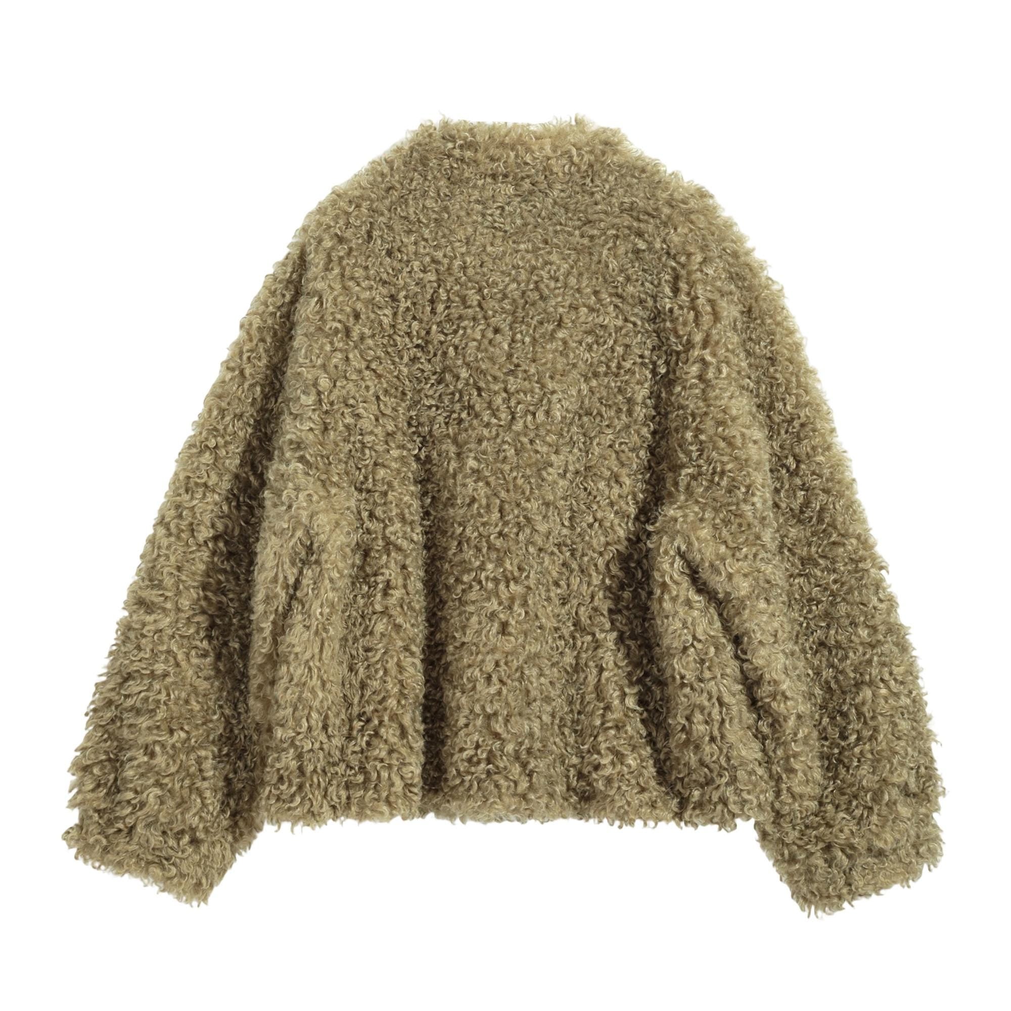 A brown, furry, long-sleeved jacket is shown against a white background.