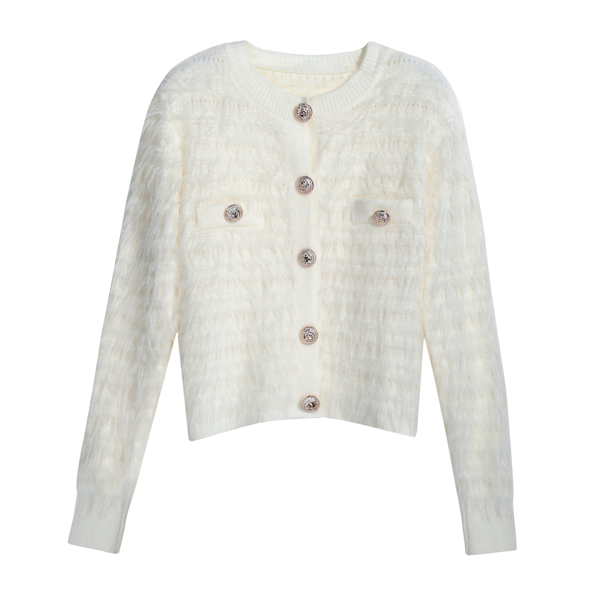 A cream-colored knitted cardigan with buttons, displayed against a white background.