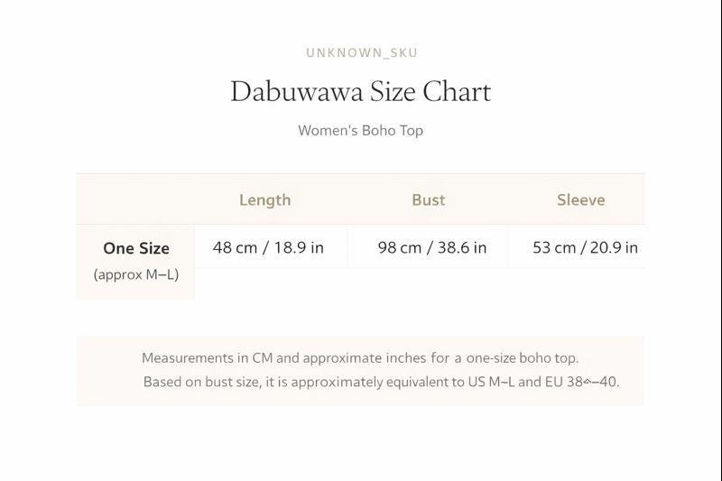 The image is a size chart for a women's bohem top, providing measurements for bust, length, and sleeve sizes.