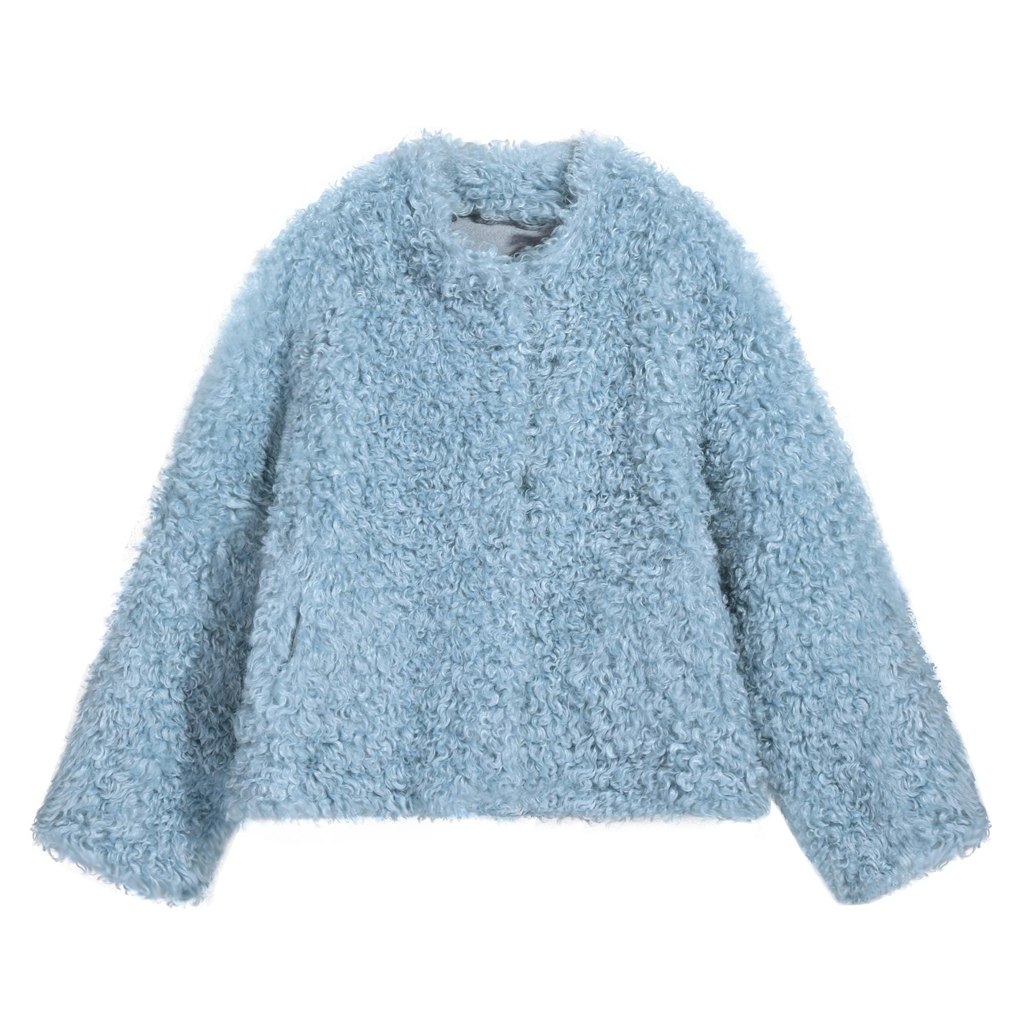 A light blue, fluffy, long-sleeved jacket or cardigan with a collar and buttons.