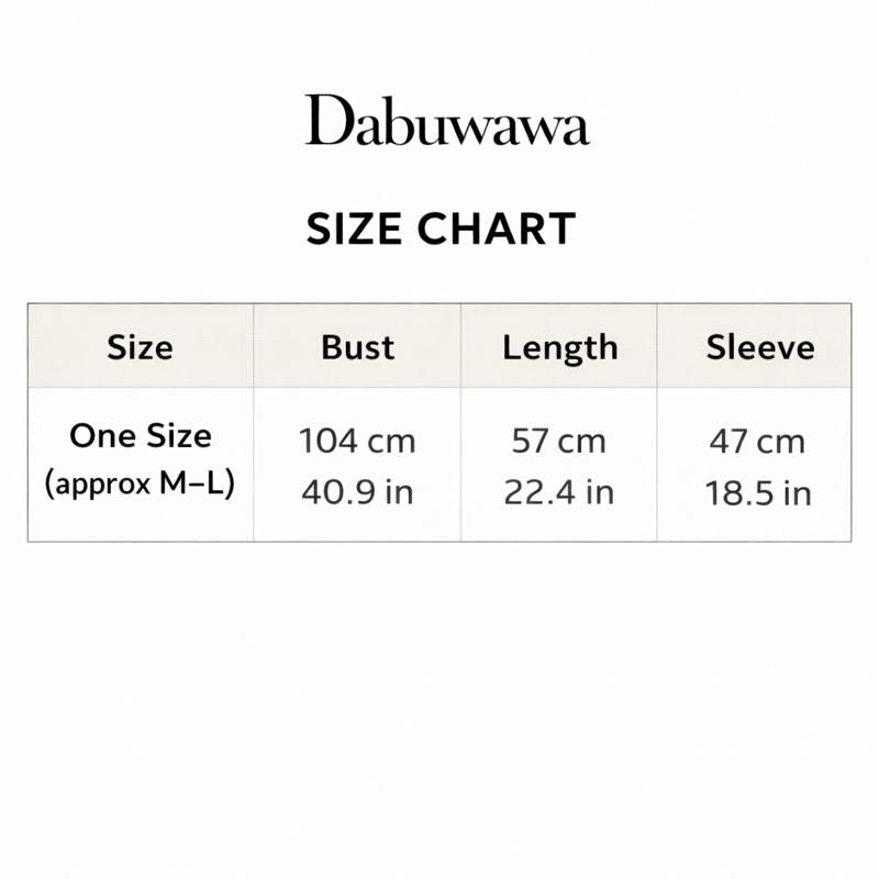 The image is a size chart that provides measurements for different sizes of clothing items, specifically a bust, length, and sleeve.