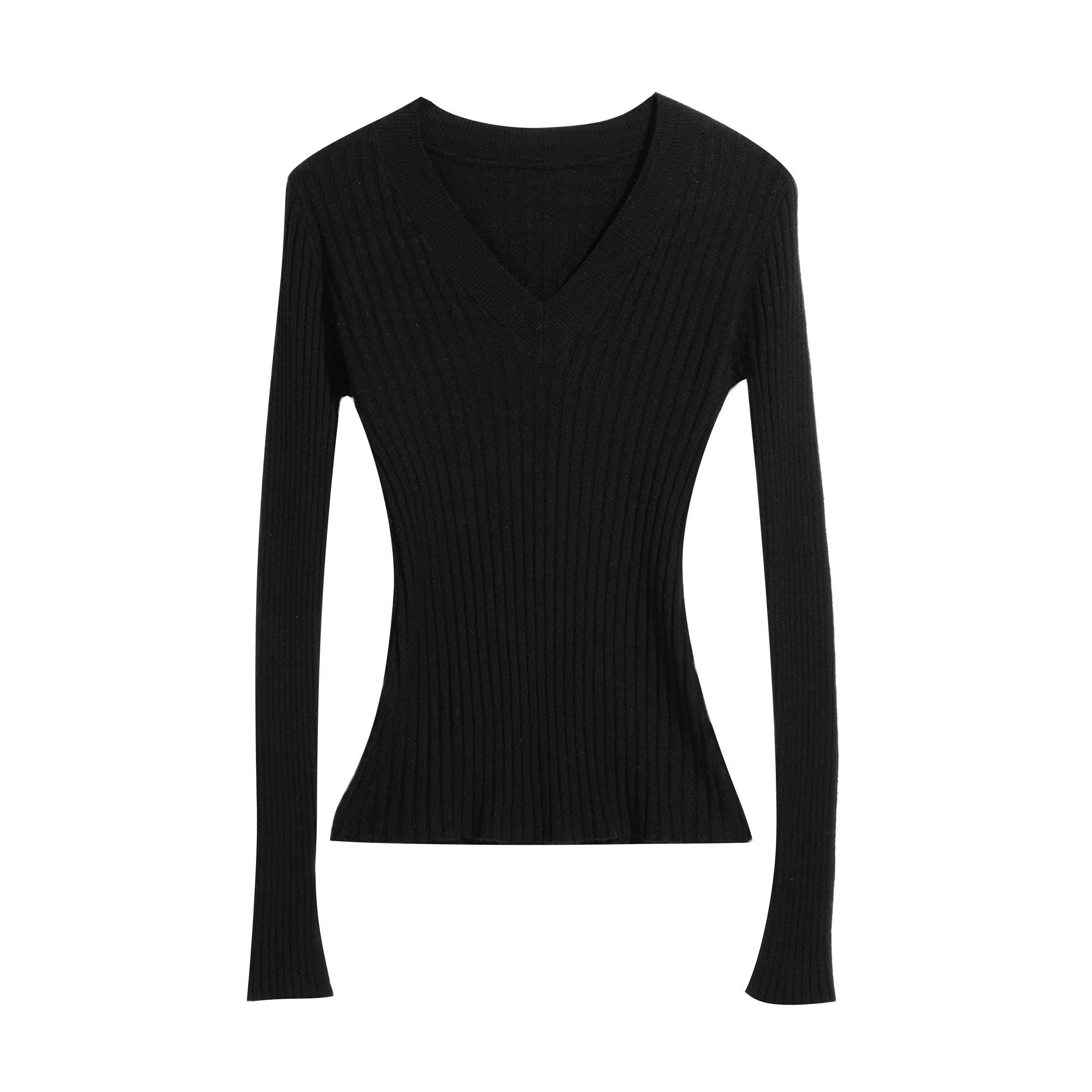 A black long-sleeved sweater with a v-neck and ribbed texture.