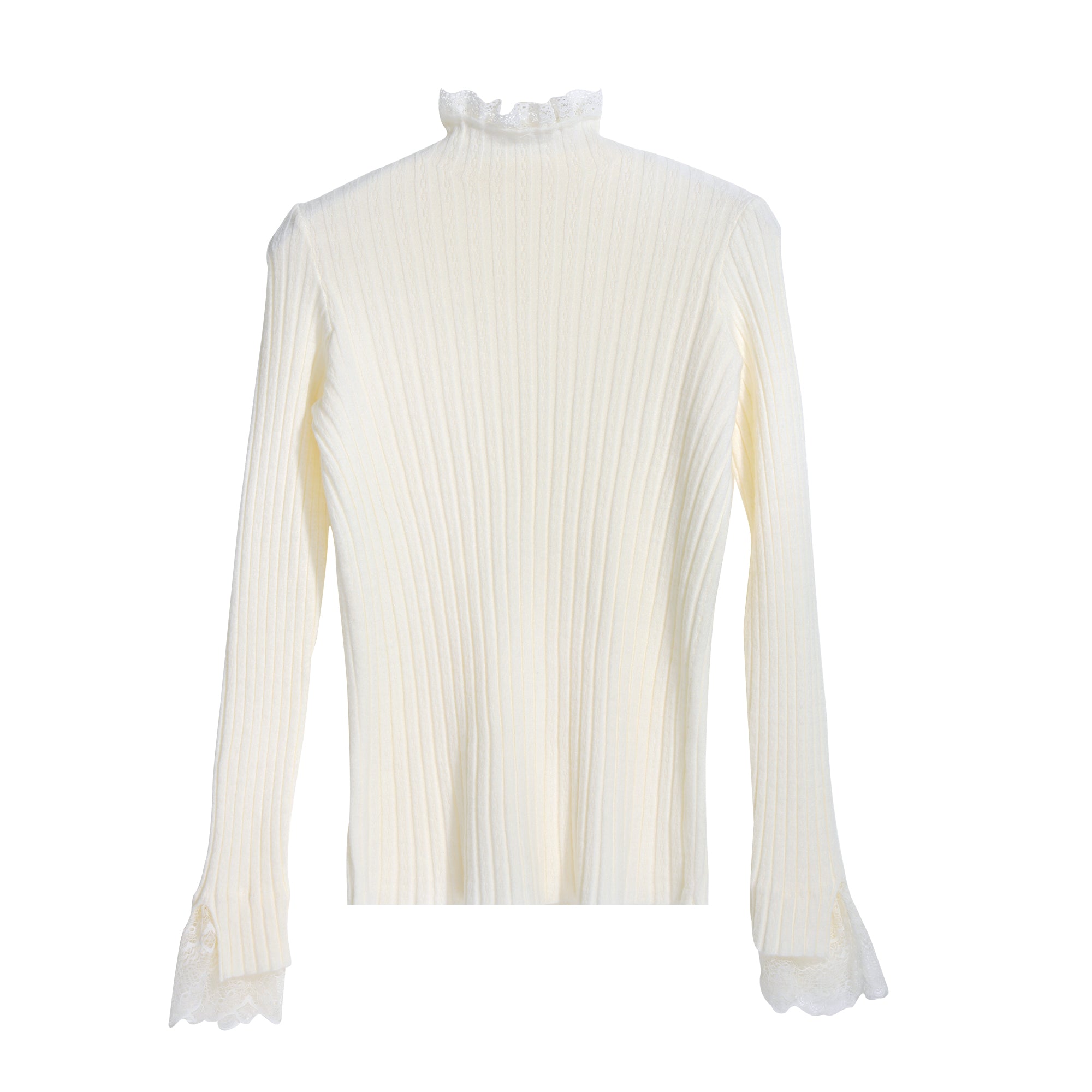 A white long-sleeved sweater with a ruffled collar and lace trim on the sleeves.