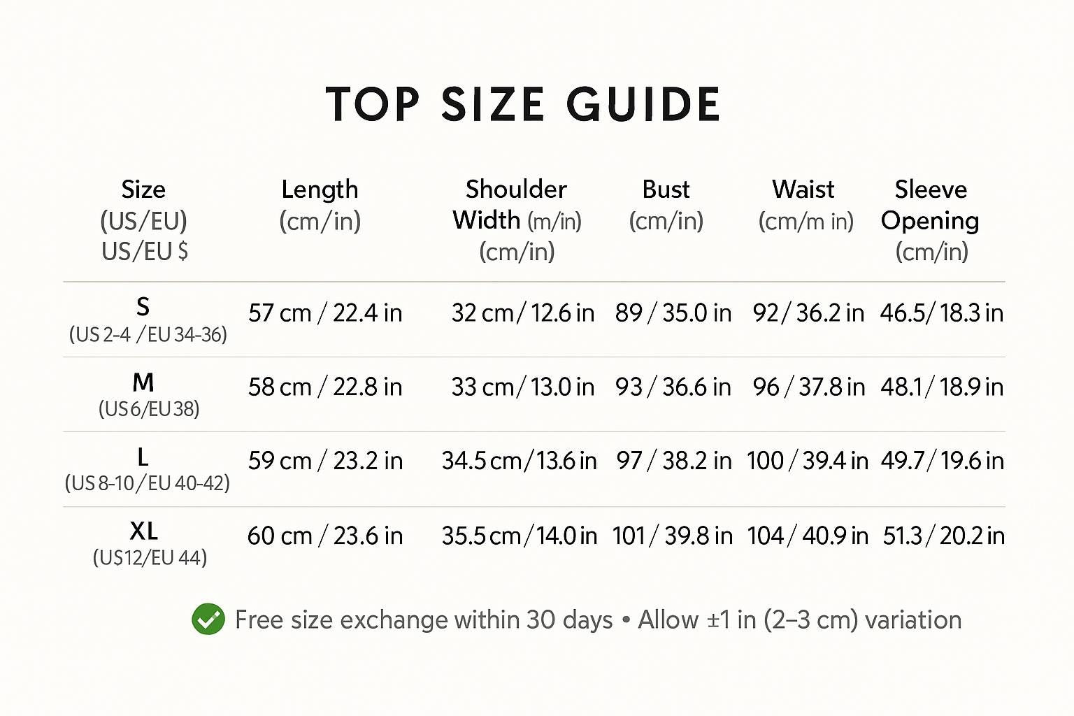 The image is a size guide for clothing items, providing measurements and corresponding sizes in US/EU (US/EUR) and European Union (EU/E) systems.