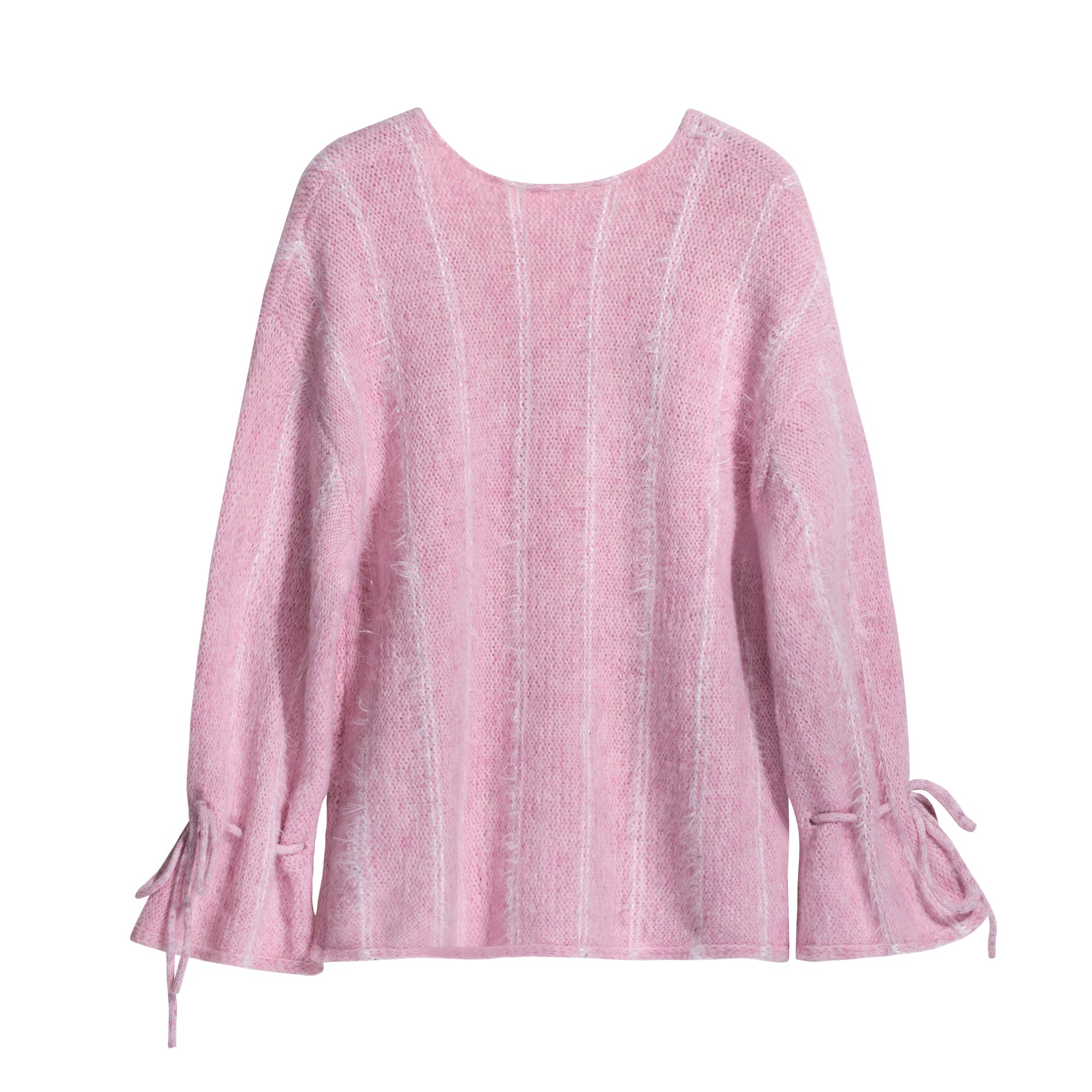 A pink knitted sweater with long sleeves and a high neckline.