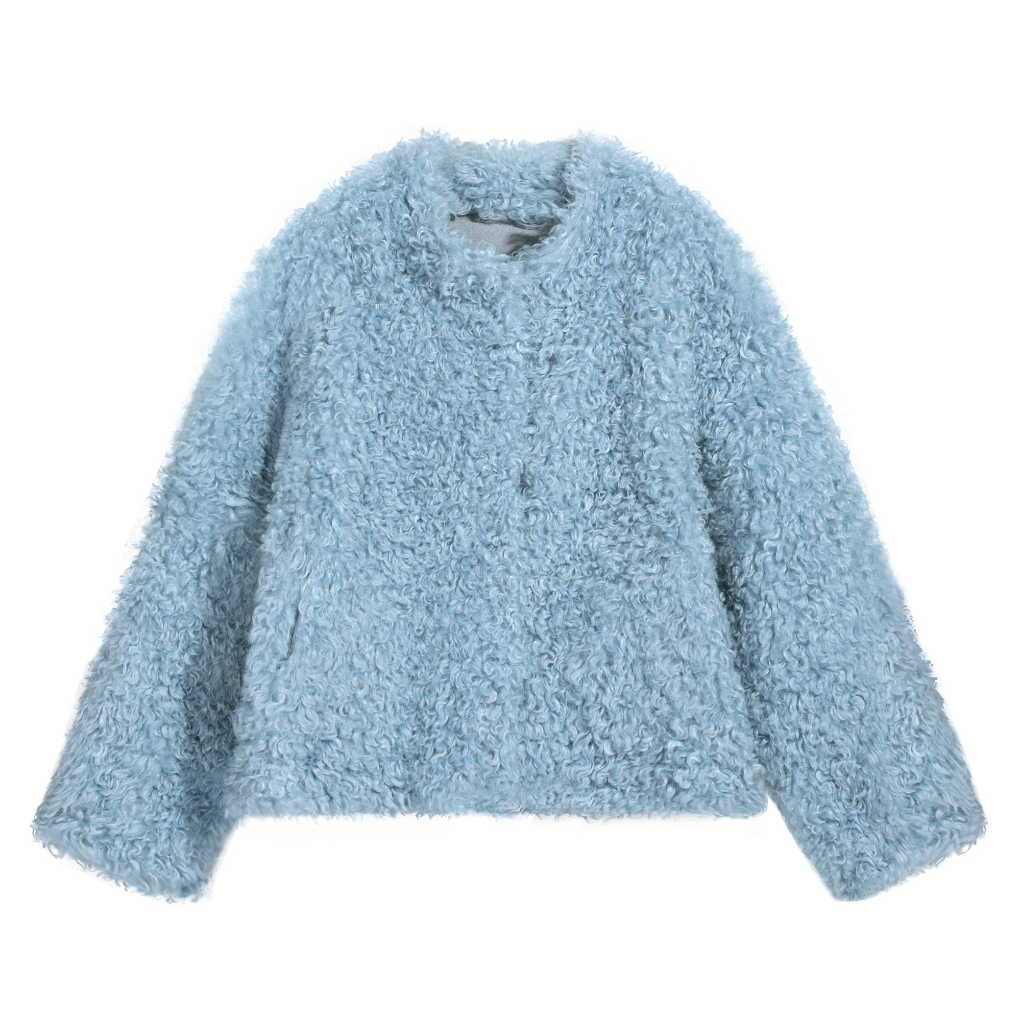 A light blue, fluffy, long-sleeved jacket or cardigan with a collar and buttons.