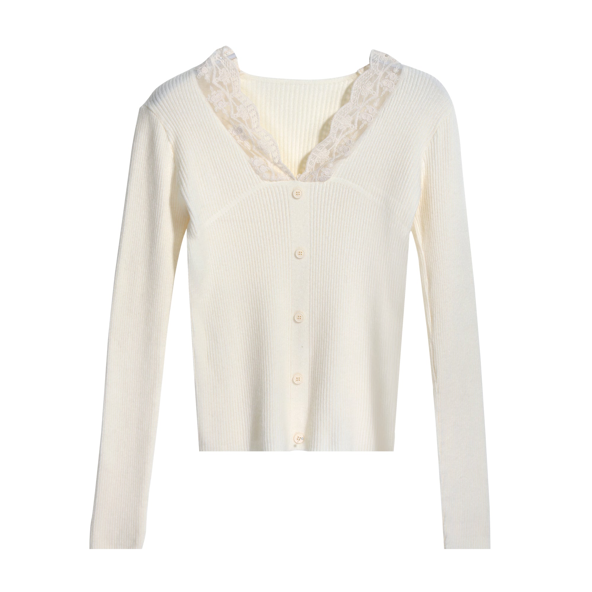 A cream-colored cardigan with lace trim and buttons, displayed against a white background.