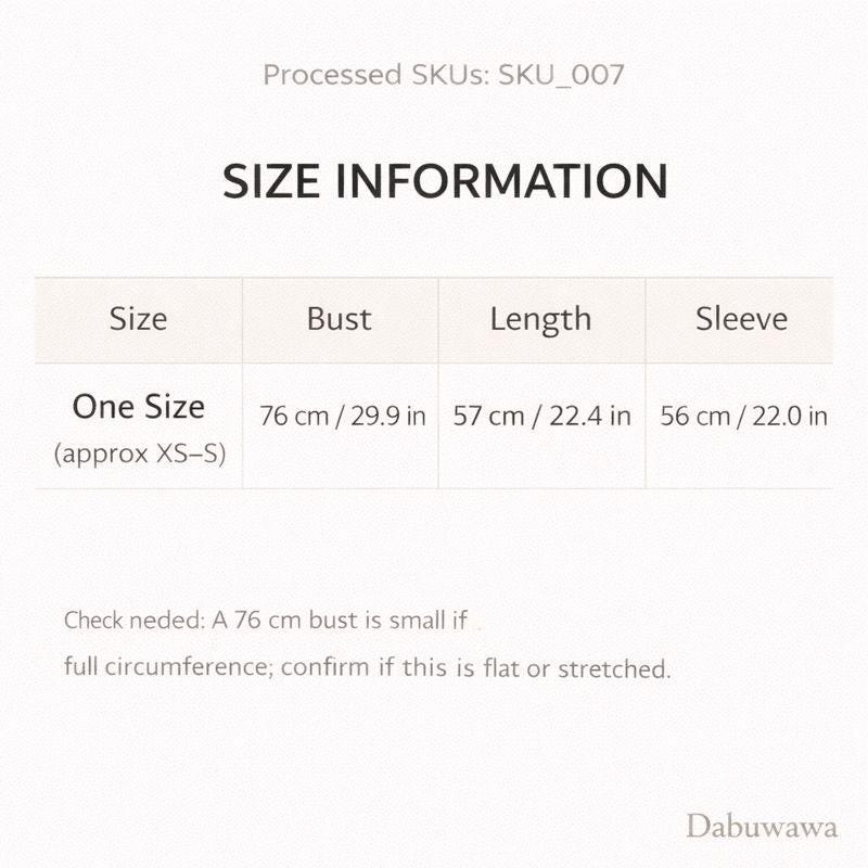 a size information table for a single size, with dimensions and corresponding bust, length, and sleeve measurements.