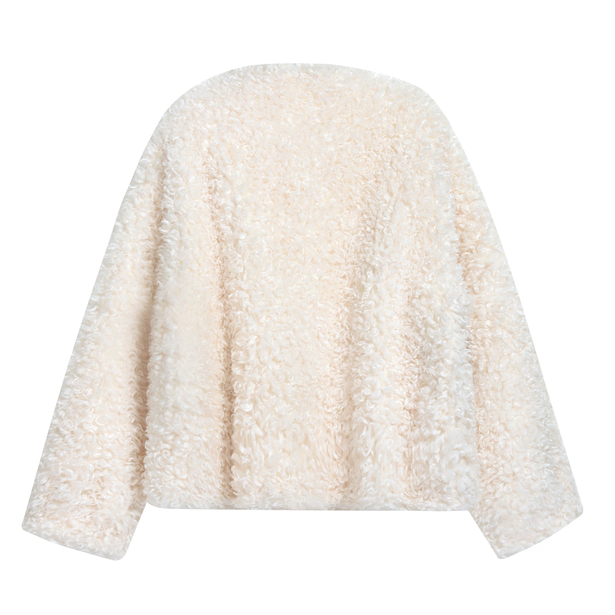 A white, fluffy, and soft-looking sweater or cardigan is shown against a white background.