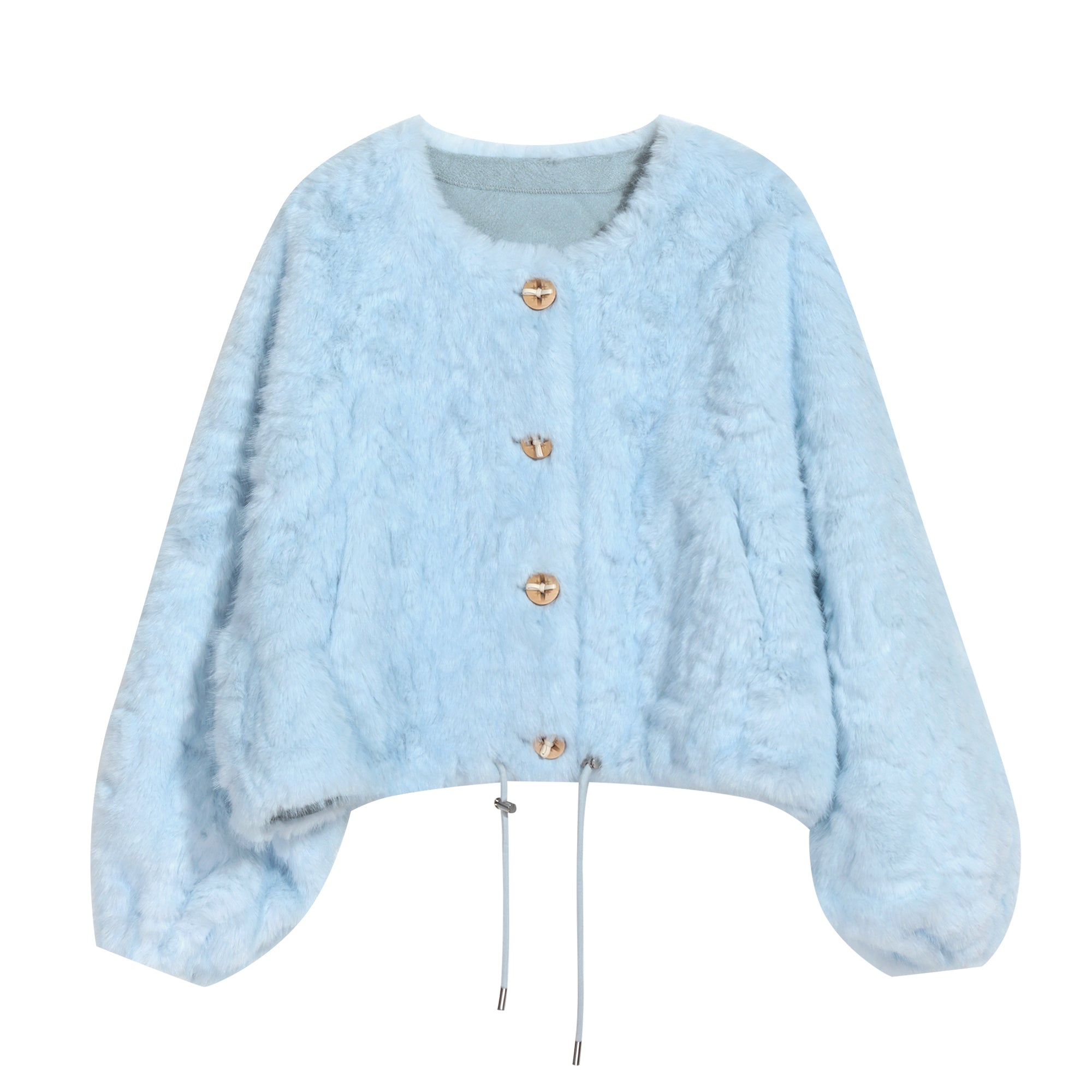 A light blue, fluffy, and furry coat with gold buttons and a drawstring waist.