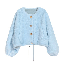 A light blue, fluffy, and furry coat with gold buttons and a drawstring waist.