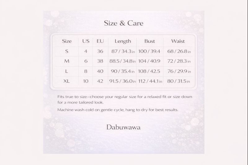The image is a size and care guide for a garment, specifically a dress, with measurements and fitting information.