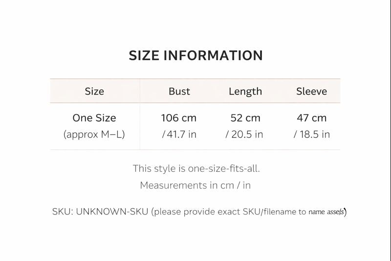 a table with size information, including bust, length, and sleeve measurements, along with a note that this style is one-size-fits-all.