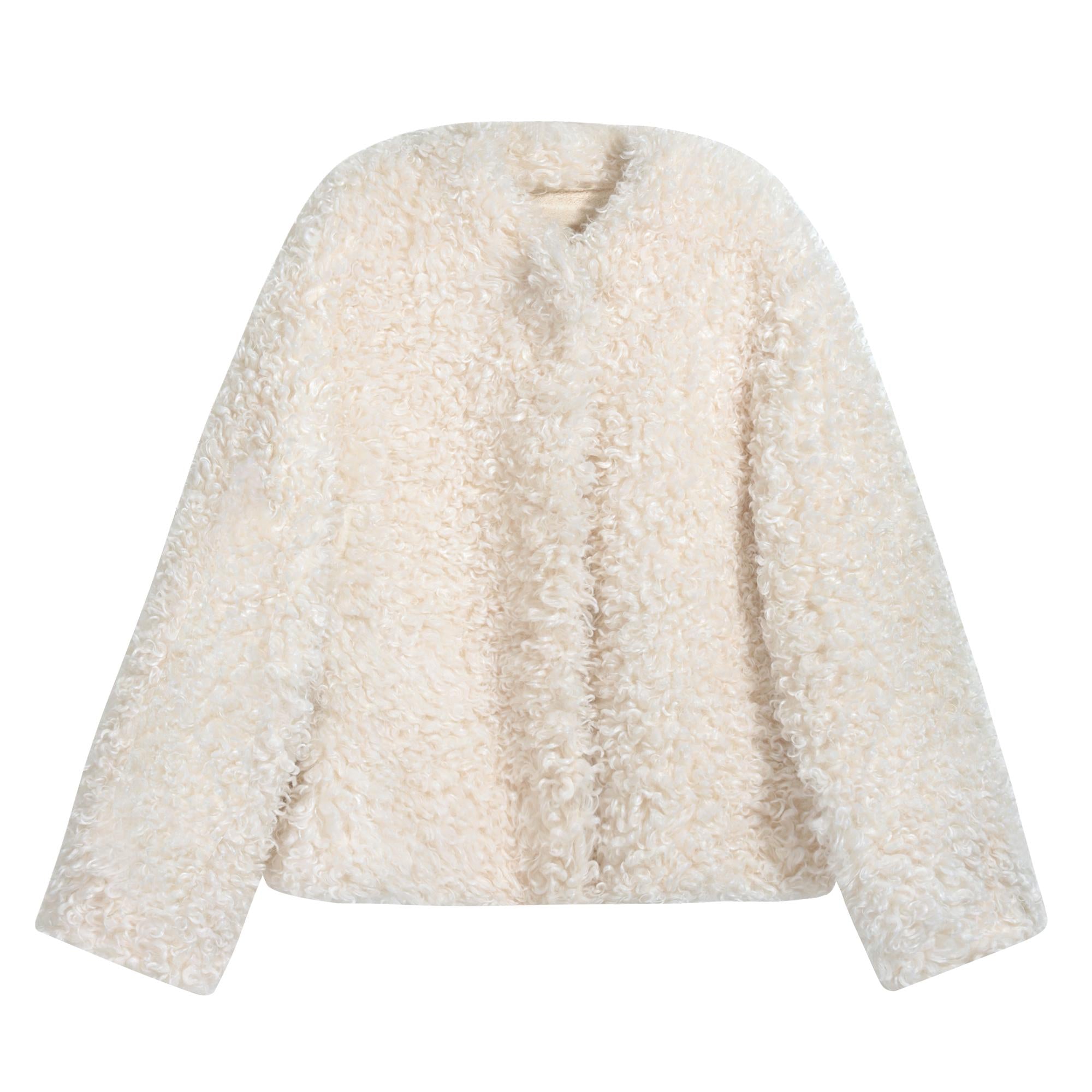 A fluffy, white, long-sleeved jacket is shown against a white background.