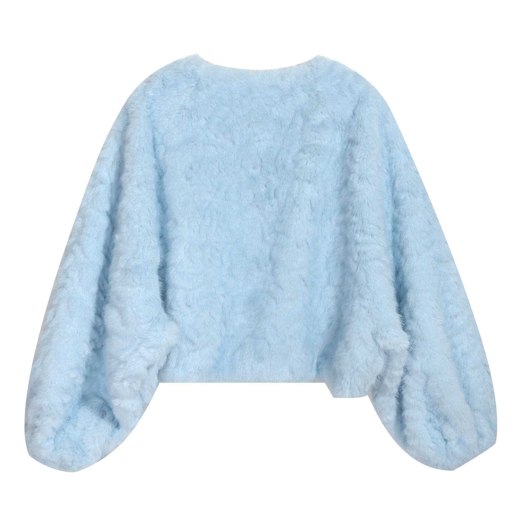 A light blue, fluffy, puffed-sleeved garment with a soft, plush texture.