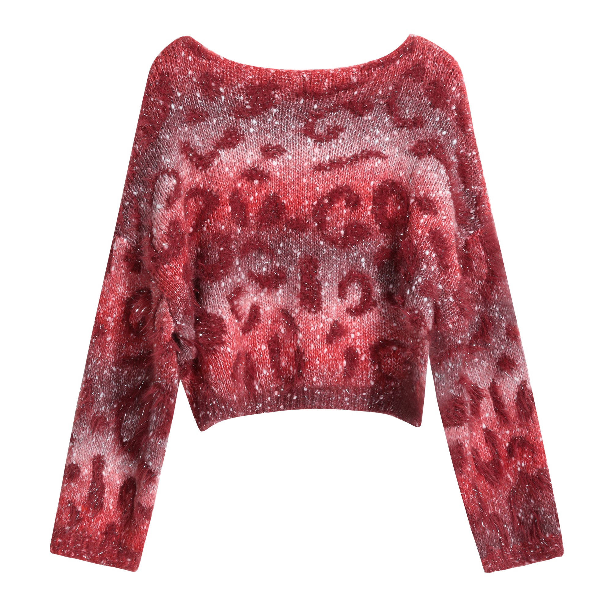 A red and white patterned sweater with a high neck and long sleeves.