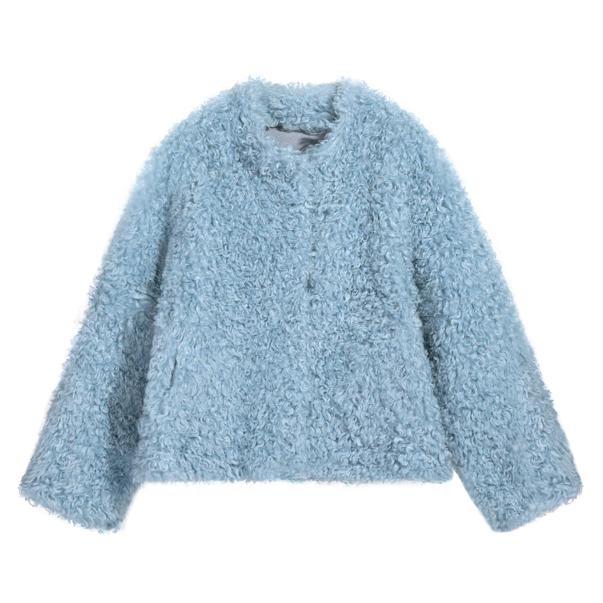 A light blue, fluffy, long-sleeved jacket or cardigan with a collar and buttons.