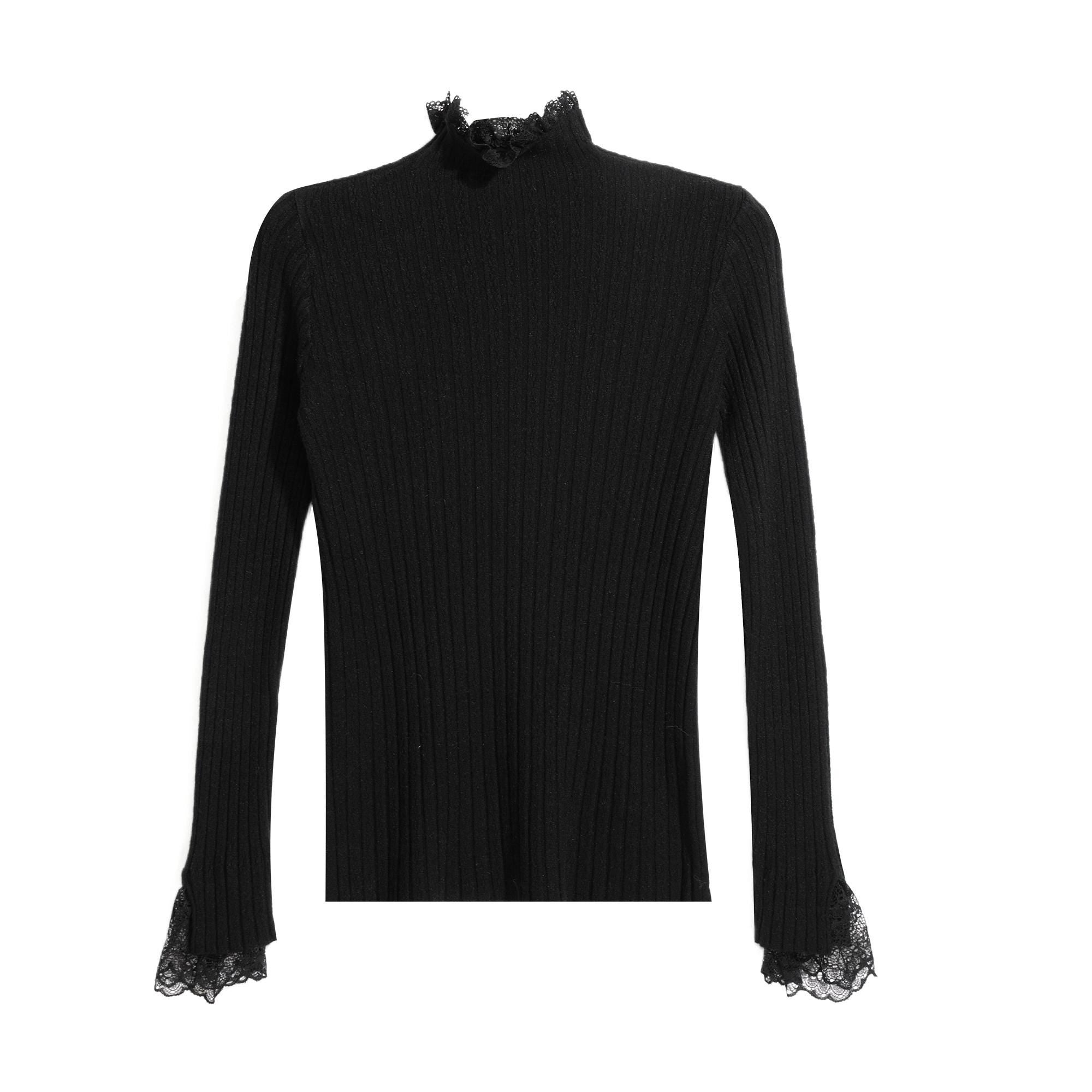 A black long-sleeved sweater with lace trim on the sleeves.