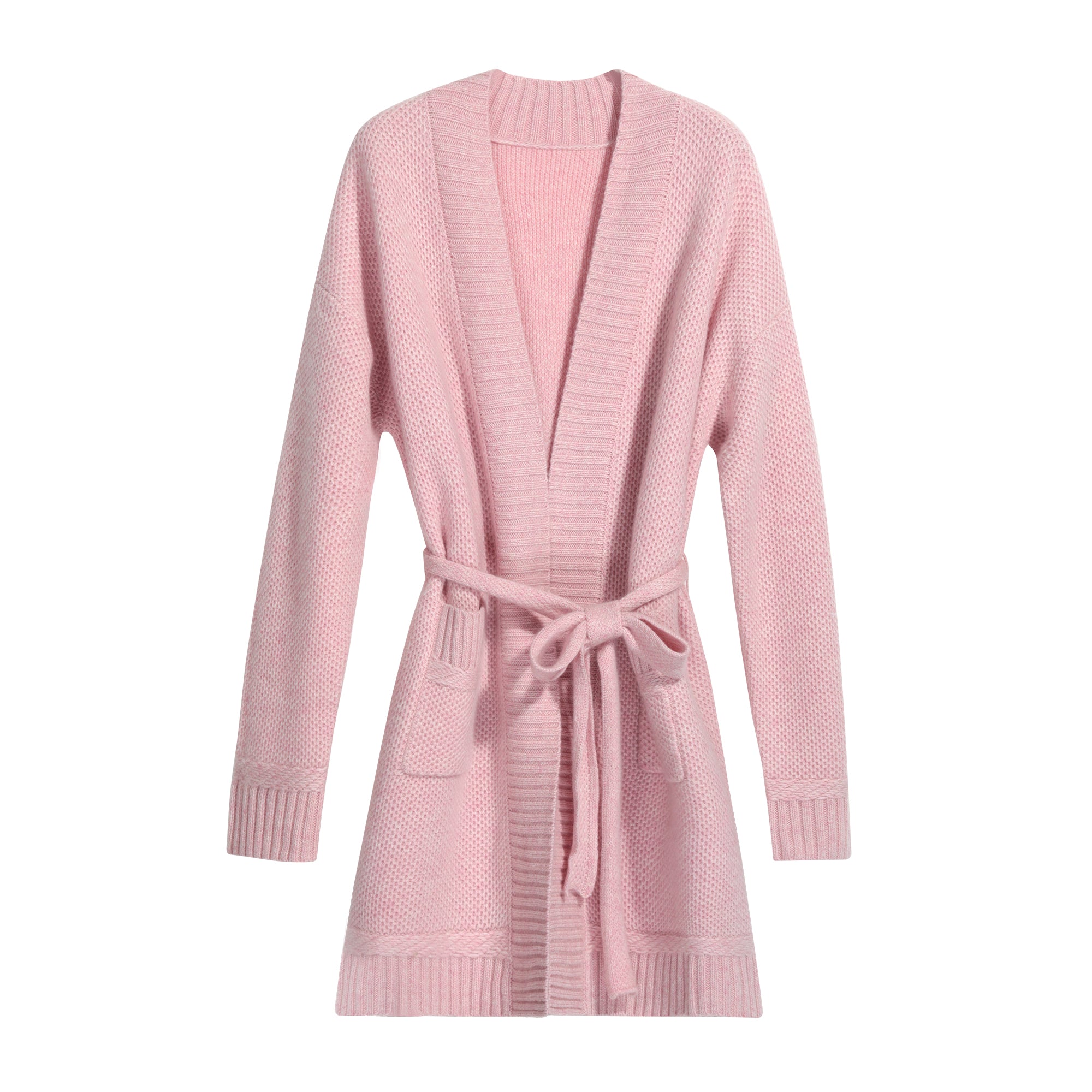 A pink knitted cardigan with a tie waist, displayed against a white background.