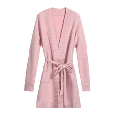 A pink knitted cardigan with a tie waist, displayed against a white background.