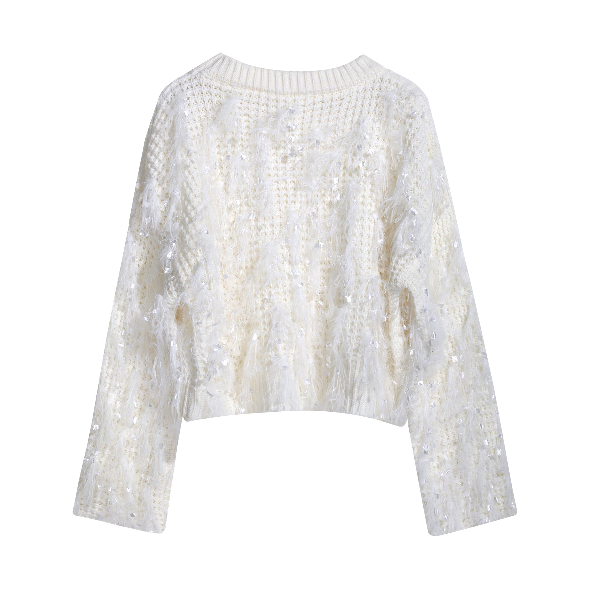 A white, long-sleeved sweater with a textured, fuzzy appearance.