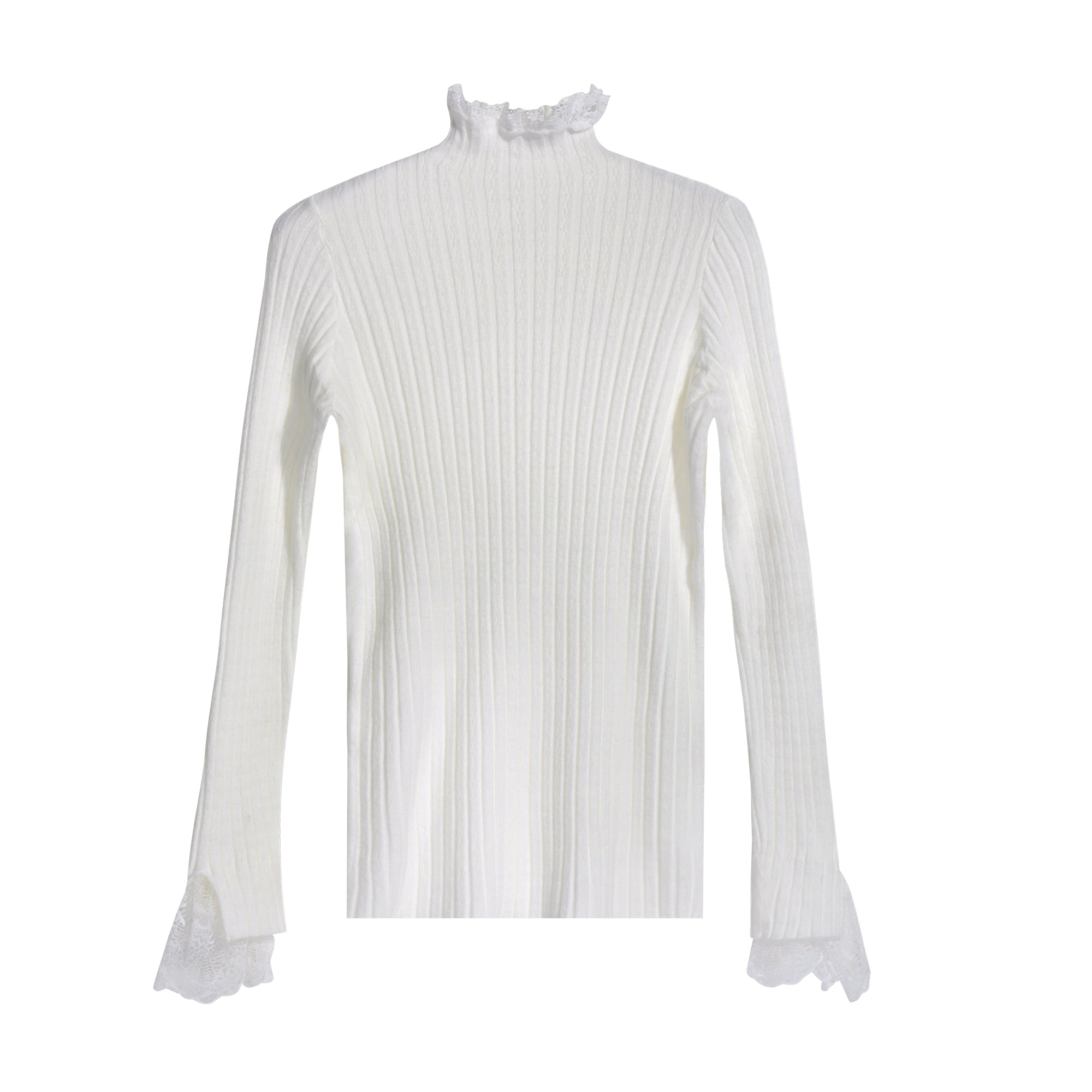 A white long-sleeved sweater with a ruffled collar and lace trim on the sleeves.