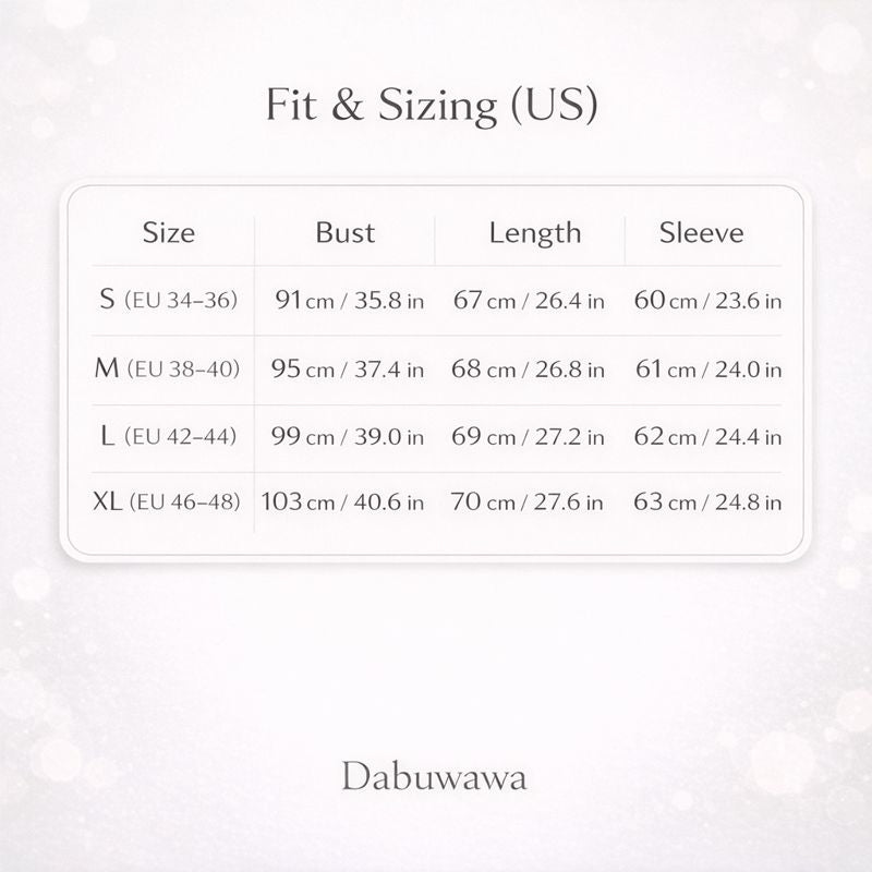 The image is a table with size, bust, length, and sleeve measurements for various sizes of dresses, including sizes S (EU-36), M (EU-38-40), L (EU-42-44), and XL (EU-46-48).