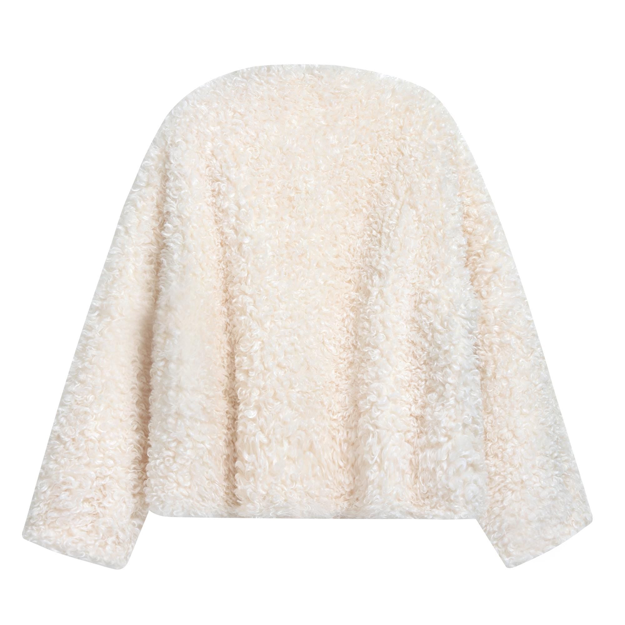 A white, fluffy, and soft-looking sweater or cardigan is shown against a white background.