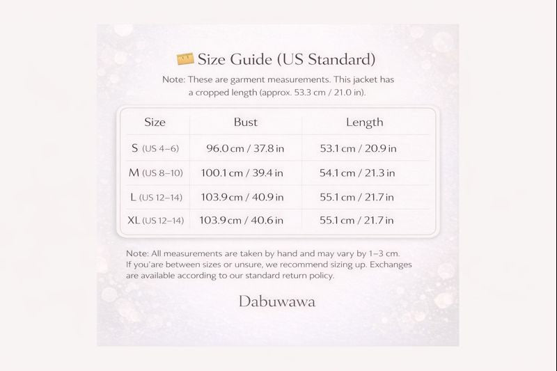 The image is a size guide (US Standard) for a jacket, providing measurements and corresponding bust, length, and other dimensions.
