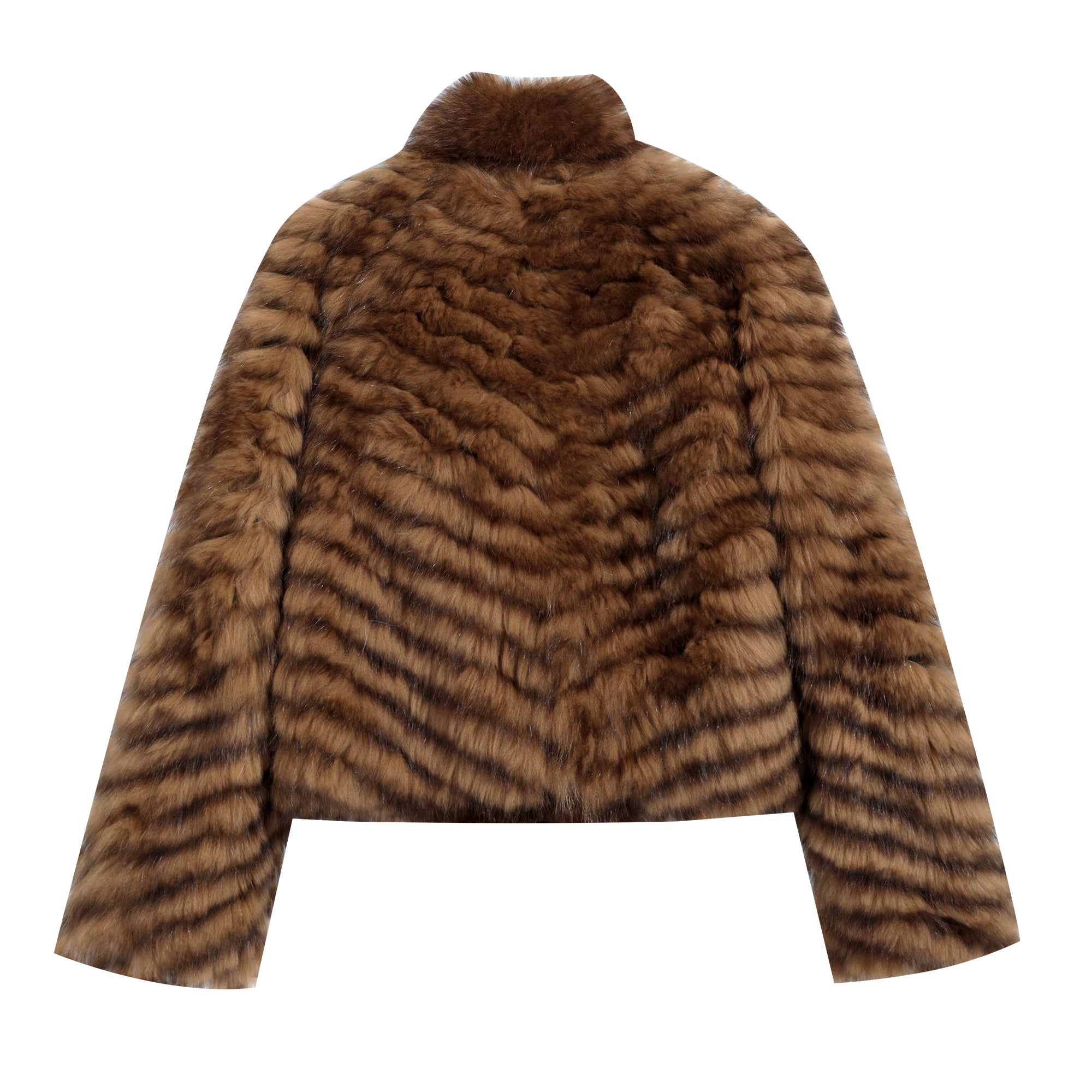 A brown fur coat with a collar and fur trim.