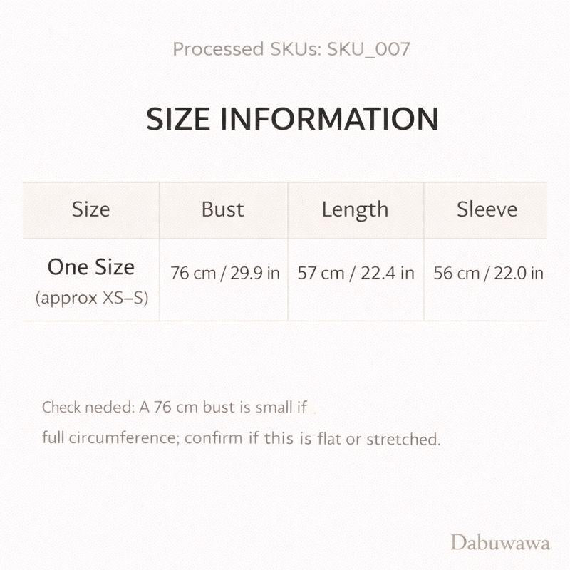 a size information table for a single size, with dimensions and corresponding bust, length, and sleeve measurements.