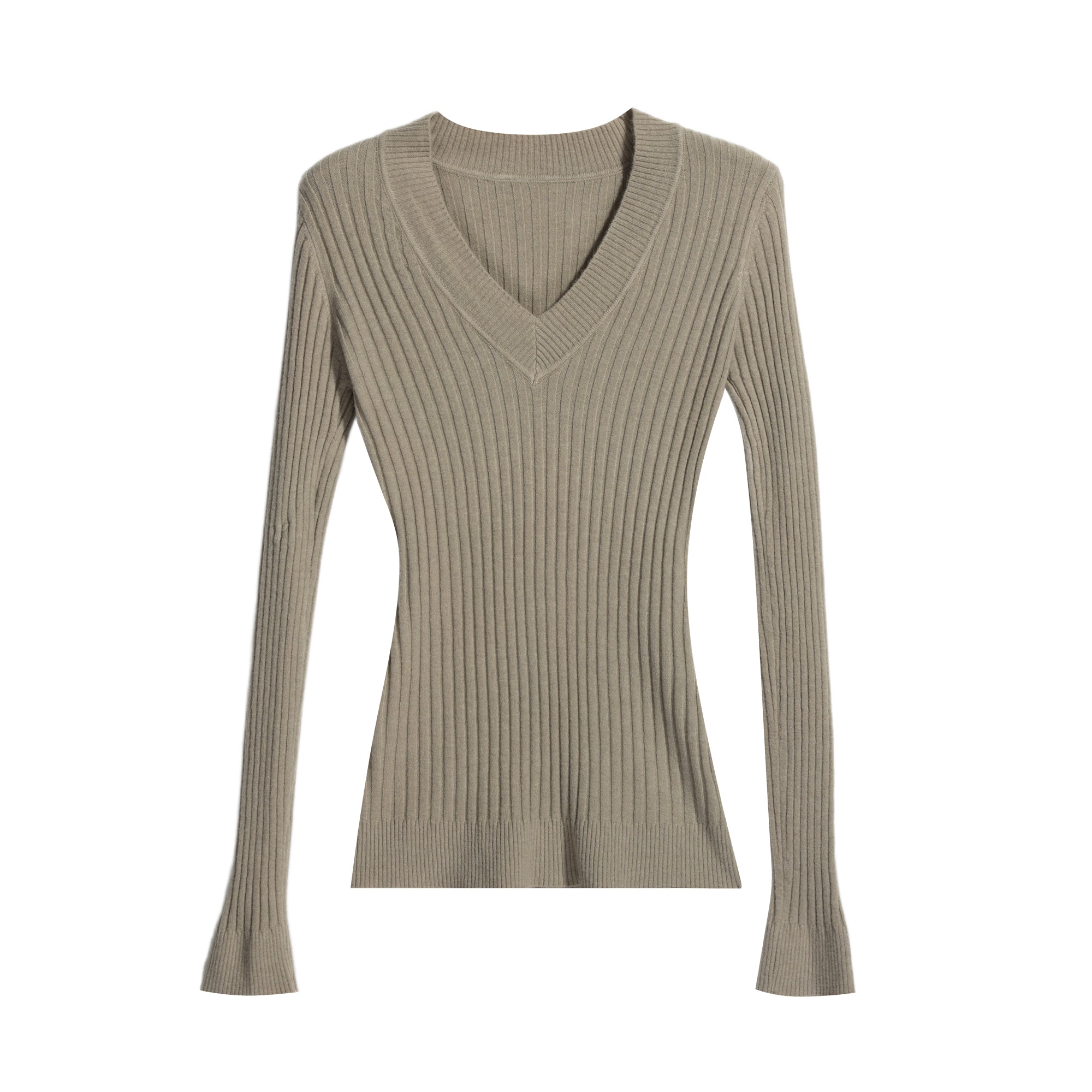 A beige ribbed sweater with long sleeves and a V-neckline.