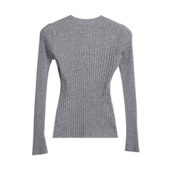 A gray ribbed sweater with long sleeves.