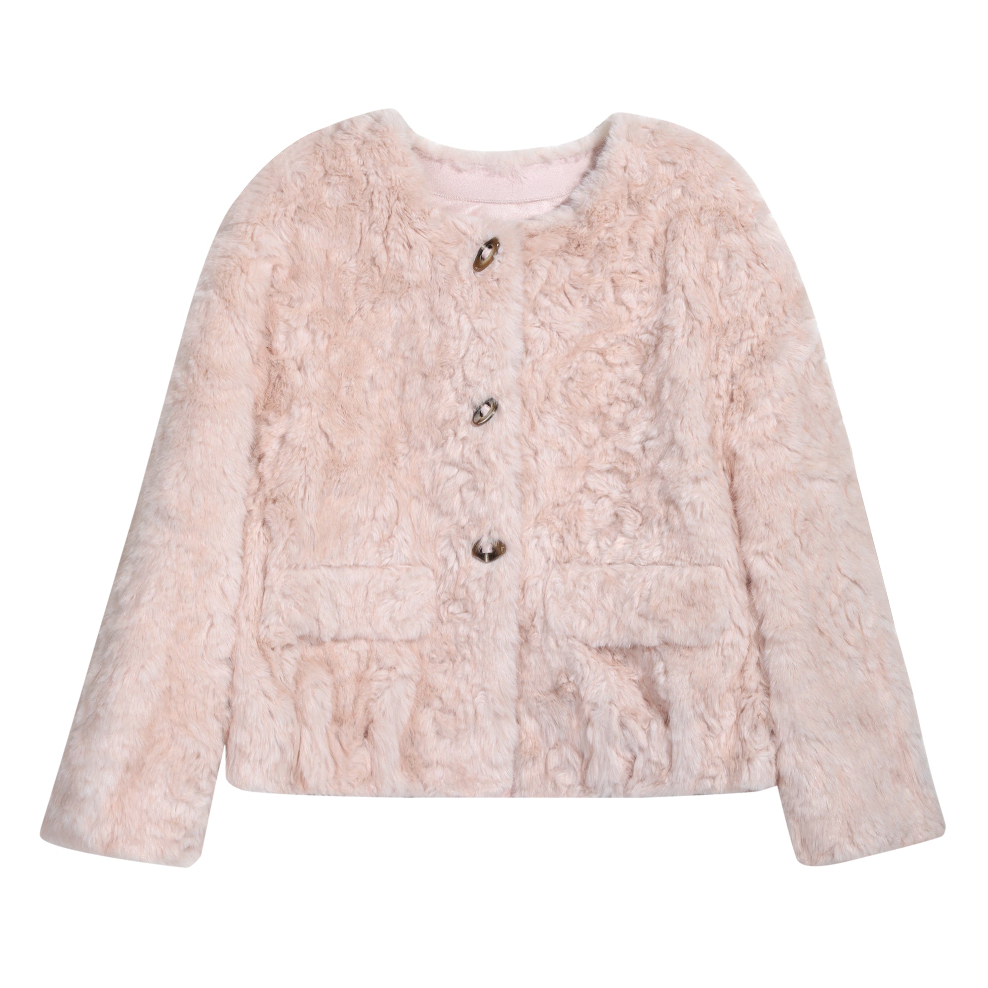 A light pink, furry coat with three buttons and two pockets.