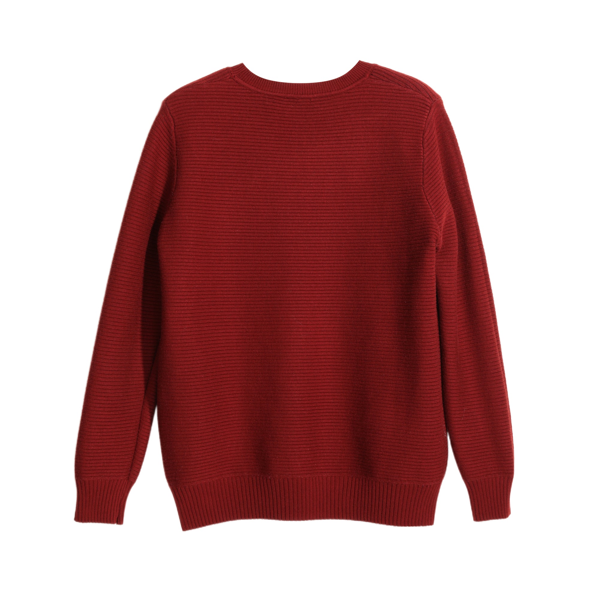 A red knitted sweater with long sleeves is shown against a white background.