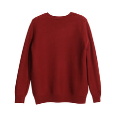 A red knitted sweater with long sleeves is shown against a white background.