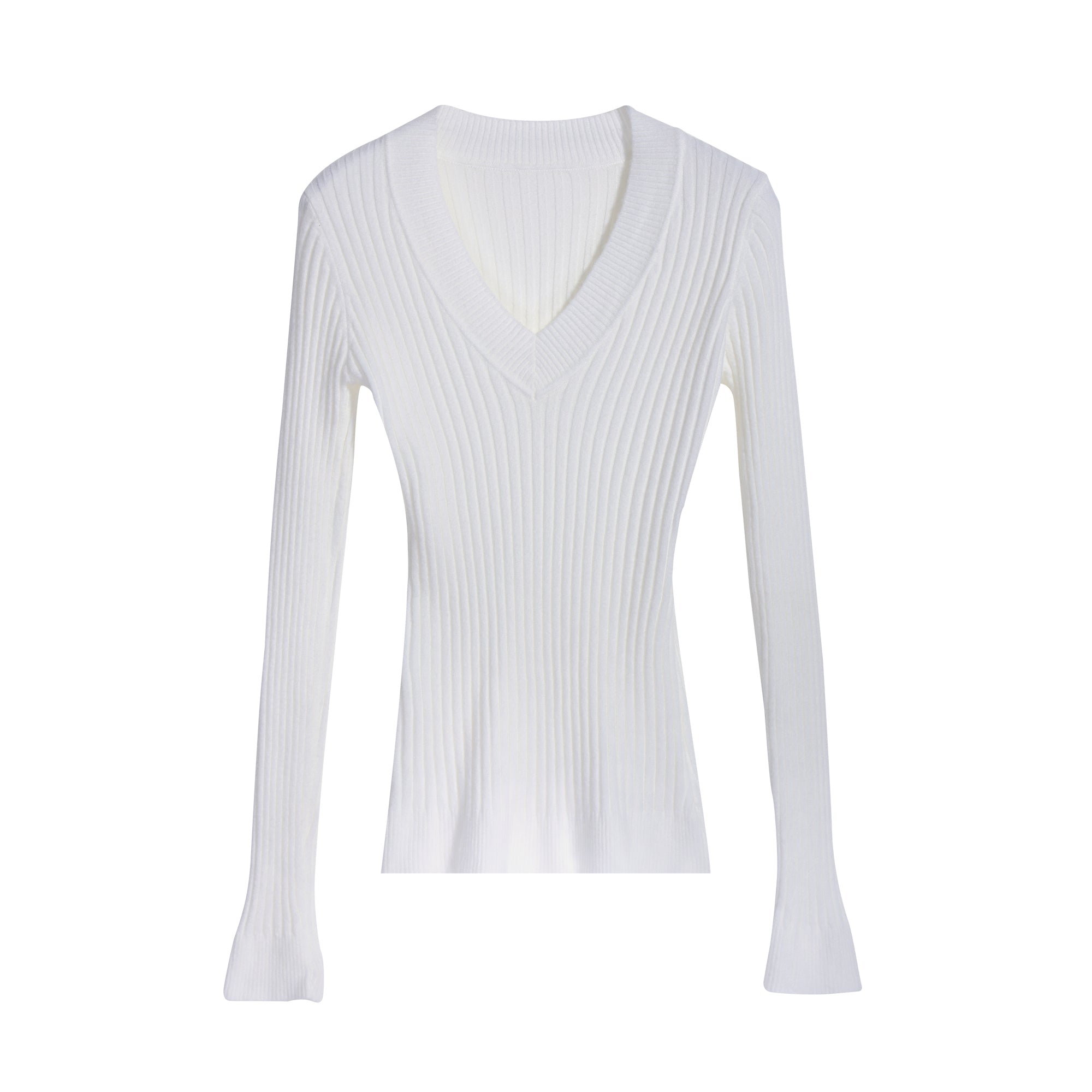 A white long-sleeved sweater with a v-neck and flared sleeves.
