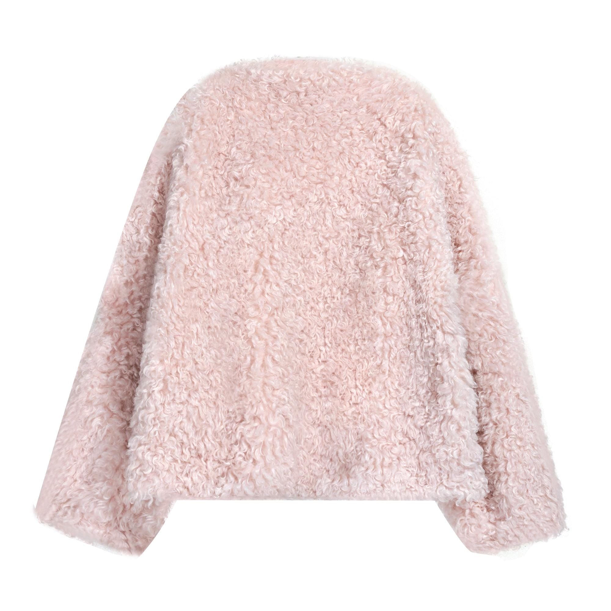 A pink, fluffy, and soft-looking jacket or sweater is shown against a white background.