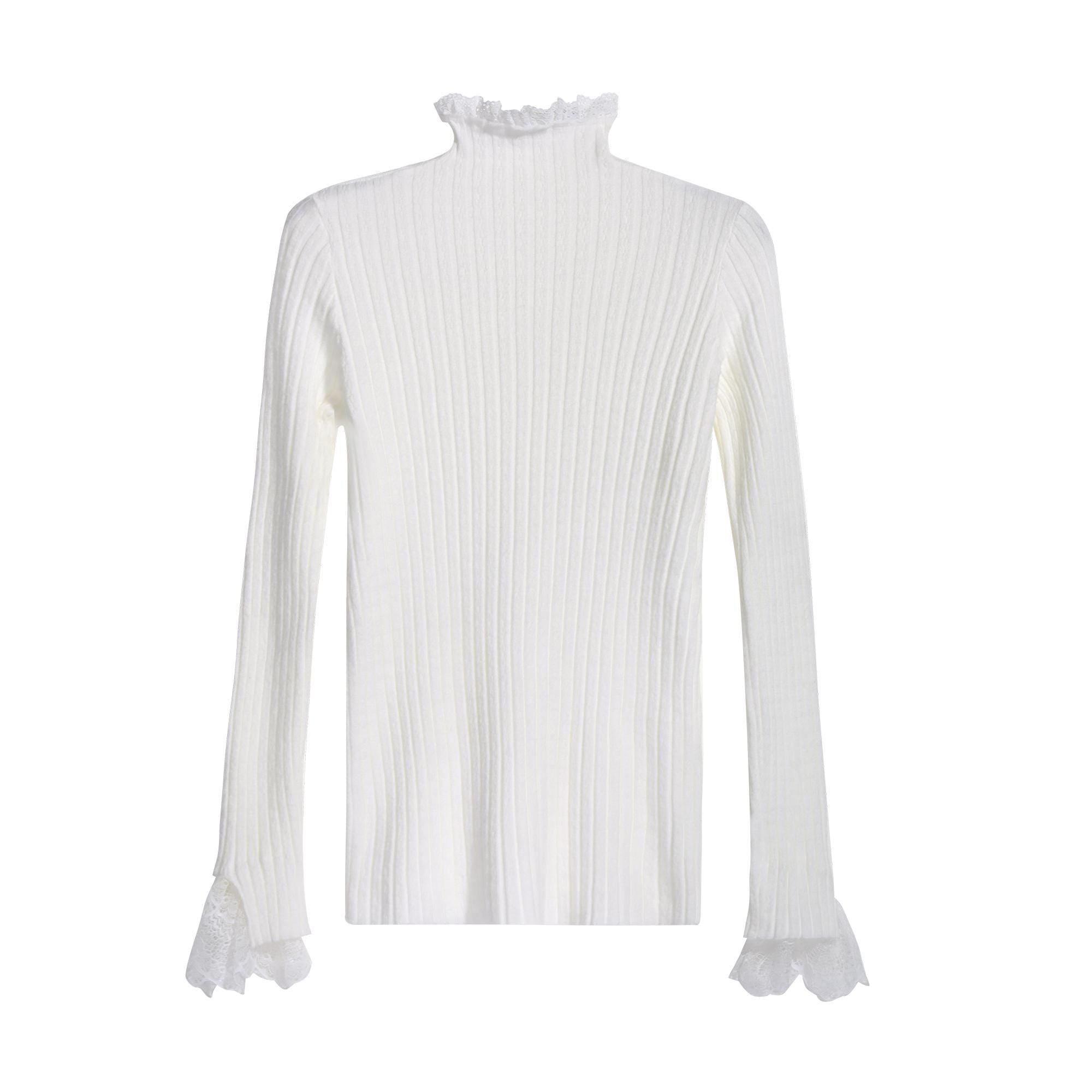 A white long-sleeved shirt with a ruffled collar and lace trim on the sleeves.