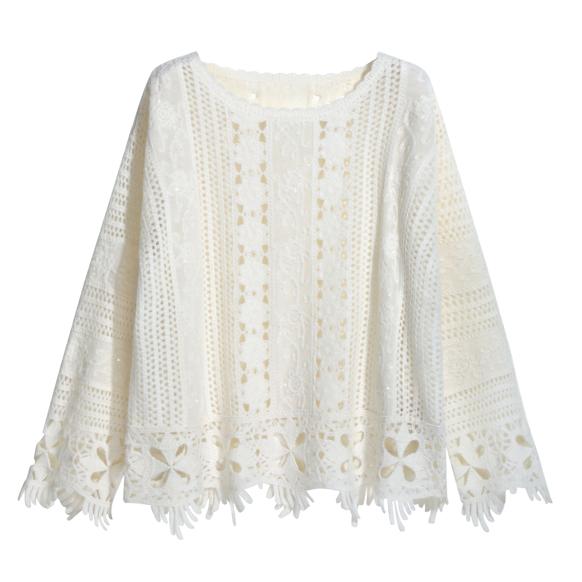 A white, long-sleeved blouse with a lace-like pattern and fringed edges.