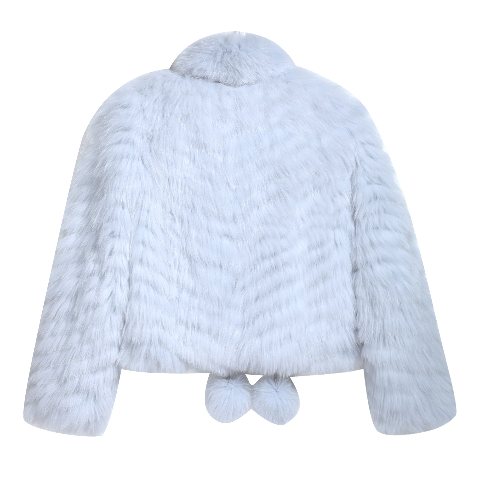 A white fur coat with a collar and pom poms on the bottom.