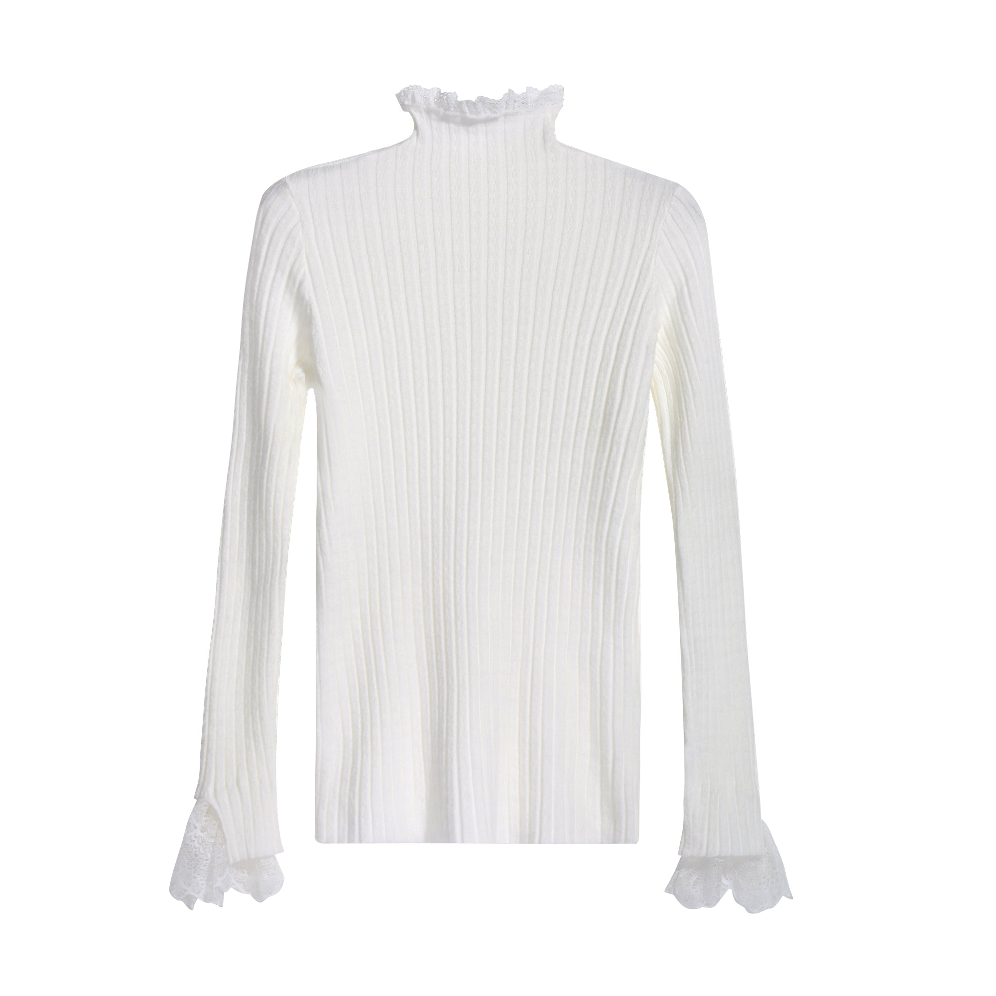 A white long-sleeved shirt with a ruffled collar and lace trim on the sleeves.