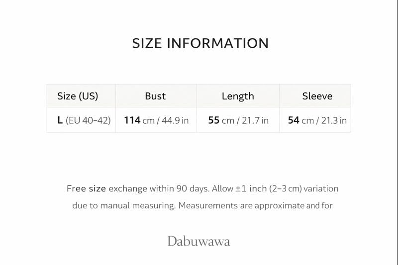 a table with size information for clothing items, including bust, length, and sleeve measurements. The table provides the size (US) and corresponding measurements (cm/44.9 in) for different clothing items, such as a bust, length, and sleeve. The image also includes a note about a free size exchange within 90 days, allowing a size variation of 1 inch (2-3 cm) depending on manual measurements. The image is labeled as "Dabuwawa" and is described as a collage of multiple images.