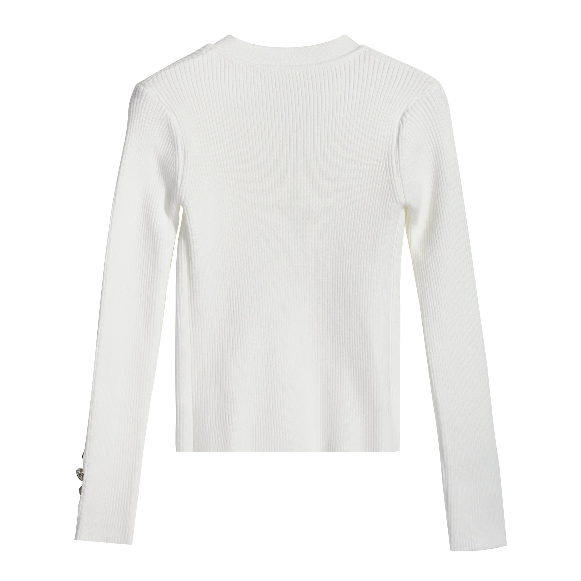 A white long-sleeved sweater with a ribbed texture.
